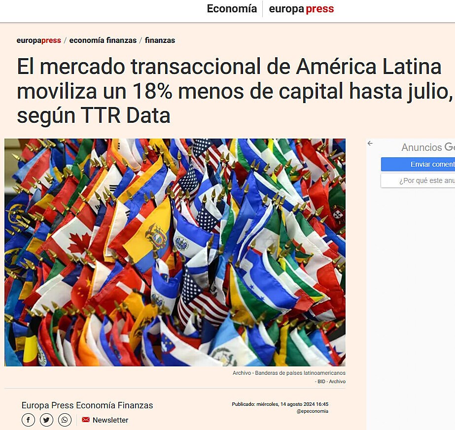 El mercado transaccional de Amrica Latina moviliza un 18% menos de capital hasta julio, segn TTR Data